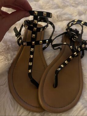 Betsey Johnson Black T-Strap Studded Sandals